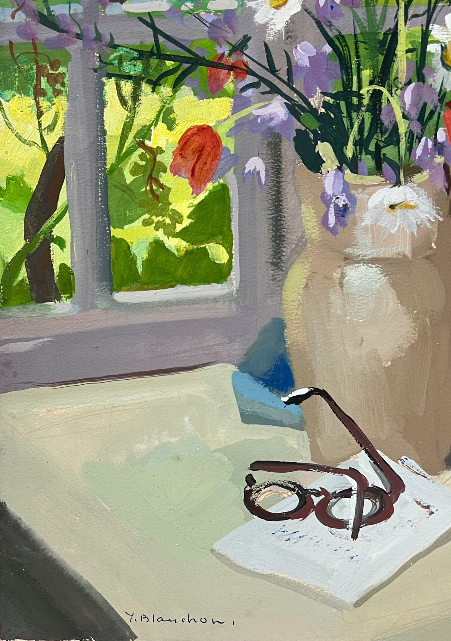 Reading Glasses and Flowers In The Window Sill 1930's French Impressionist - Painting by Y. Blanchon