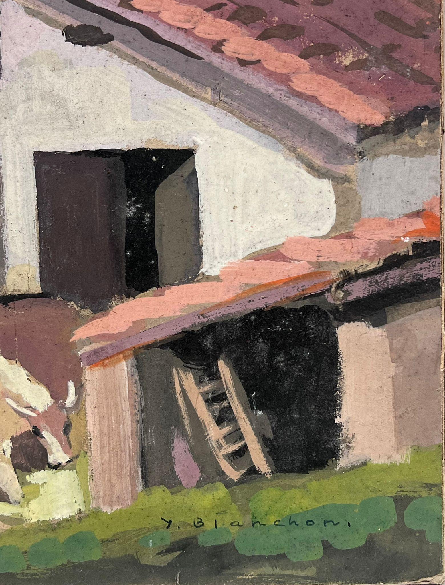 Tetto rosso della fattoria, cortile del fienile Gouache 1930 Impressionista francese - Painting Impressionismo di Y. Blanchon