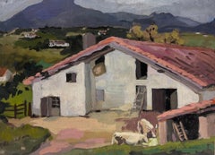 Rotes Dach Bauernhof Scheune Yard Gouache 1930er Jahre Französisch Impressionist