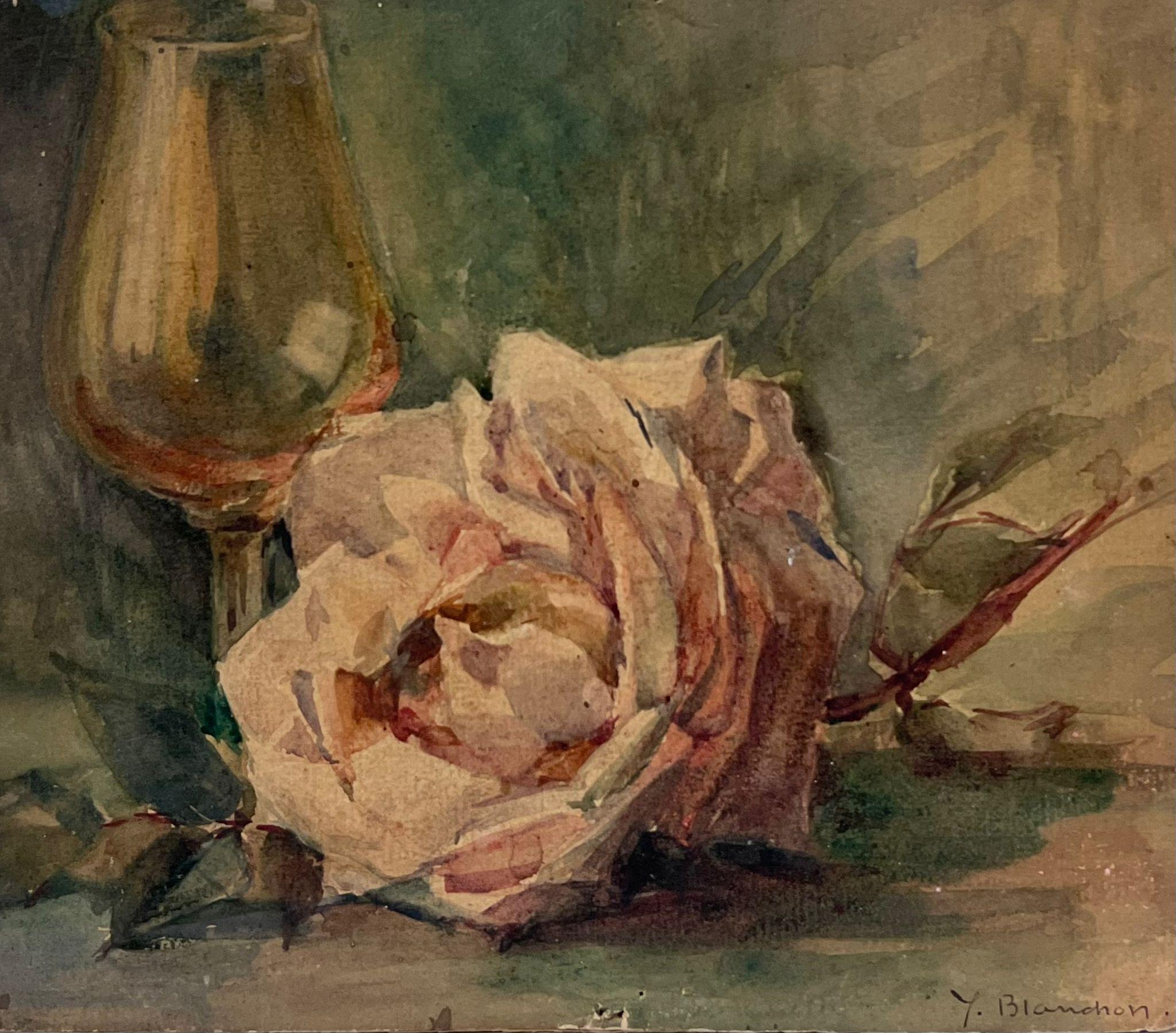 Vintage Rosa rosa y copa de vino Bodegón Acuarela impresionista francesa - Painting de Y. Blanchon