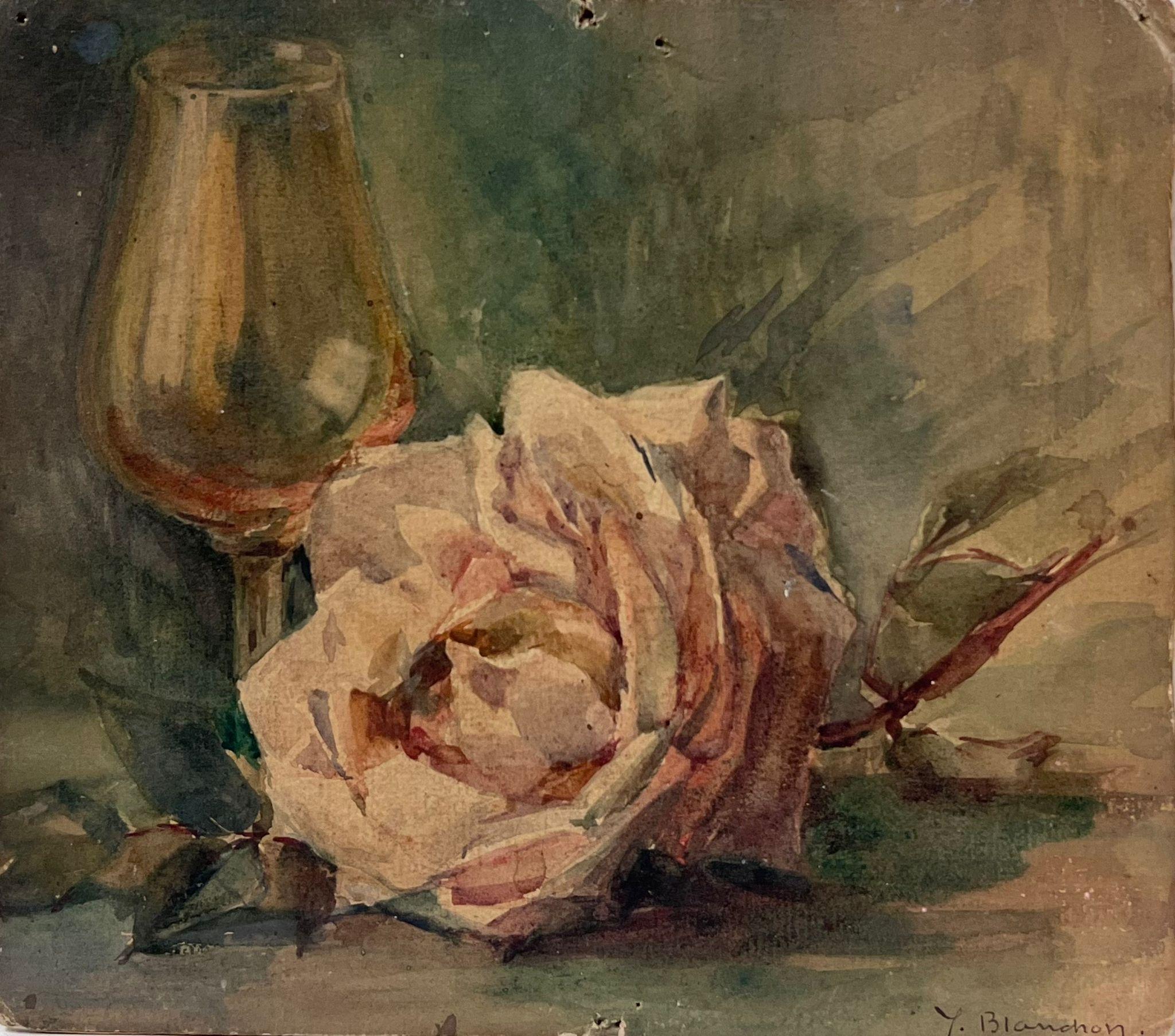 Y. Blanchon Interior Painting - Vintage Pink Rose and Wine Glass Still Life French Impressionist Watercolour