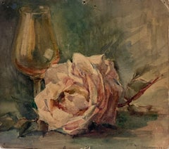 Vintage Pink Rose and Wine Glass Still Life French Impressionist Watercolour
