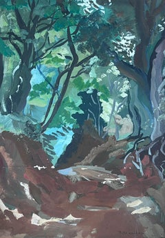 1950's French Impressionist Gouache Painting Green Muddy Woodland