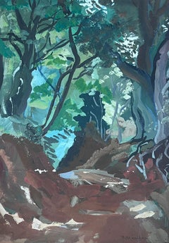 Peinture impressionniste française des années 1950 à la gouache - Paysage vert déchauffé