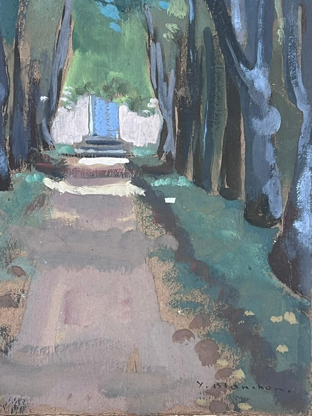 Pittura impressionista francese a guazzo degli anni '50 Albero alto Strada privata - Painting di Y Blanchon