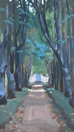 1950's French Impressionist Gouache Painting Tall Tree Drive Way