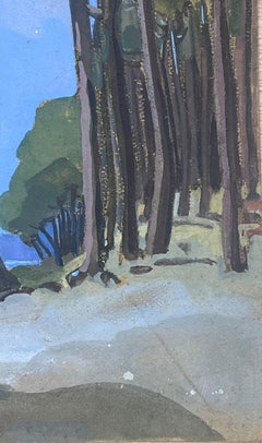1950's French Impressionist Gouache Painting Tall Trees Along The Sea