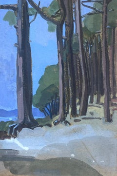 1950's French Impressionist Gouache Painting Tall Trees Along The Sea