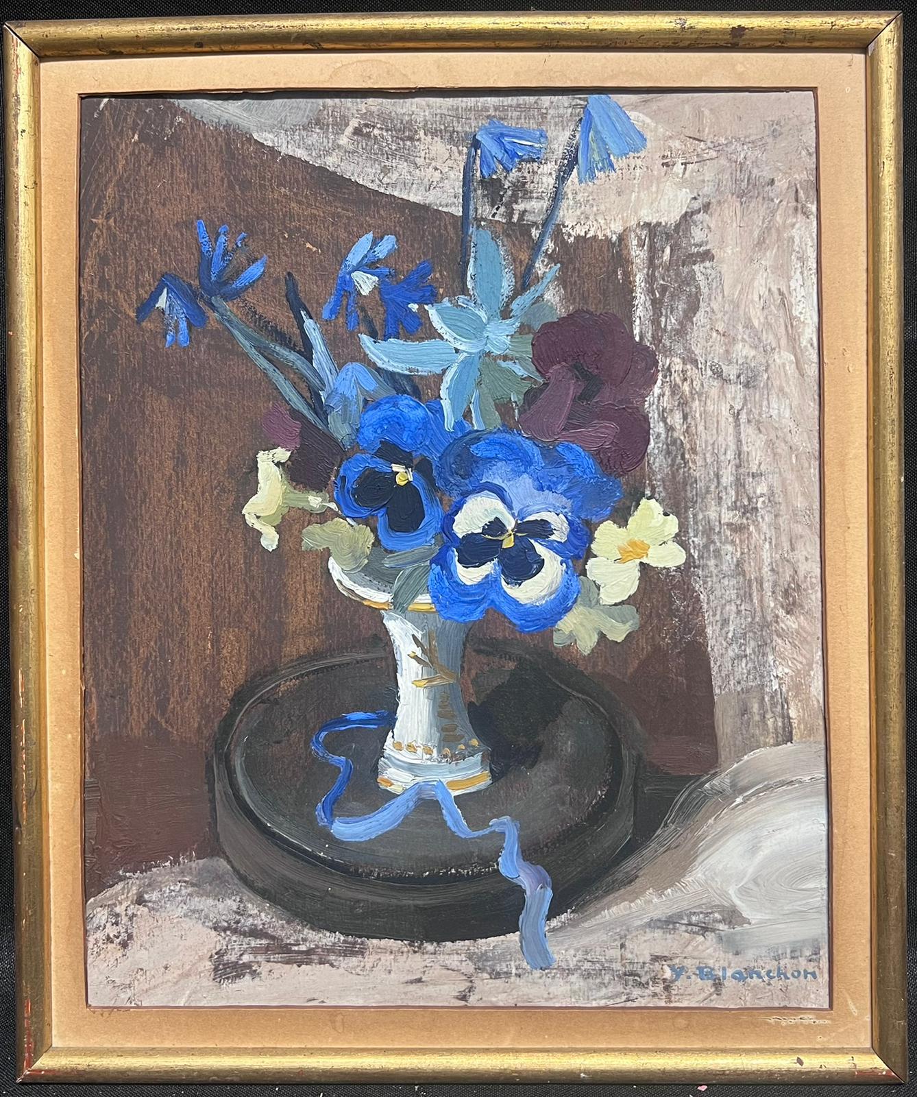1950's French Impressionist Painting Blue Flowers in Vase - Gray Interior Painting by Y Blanchon