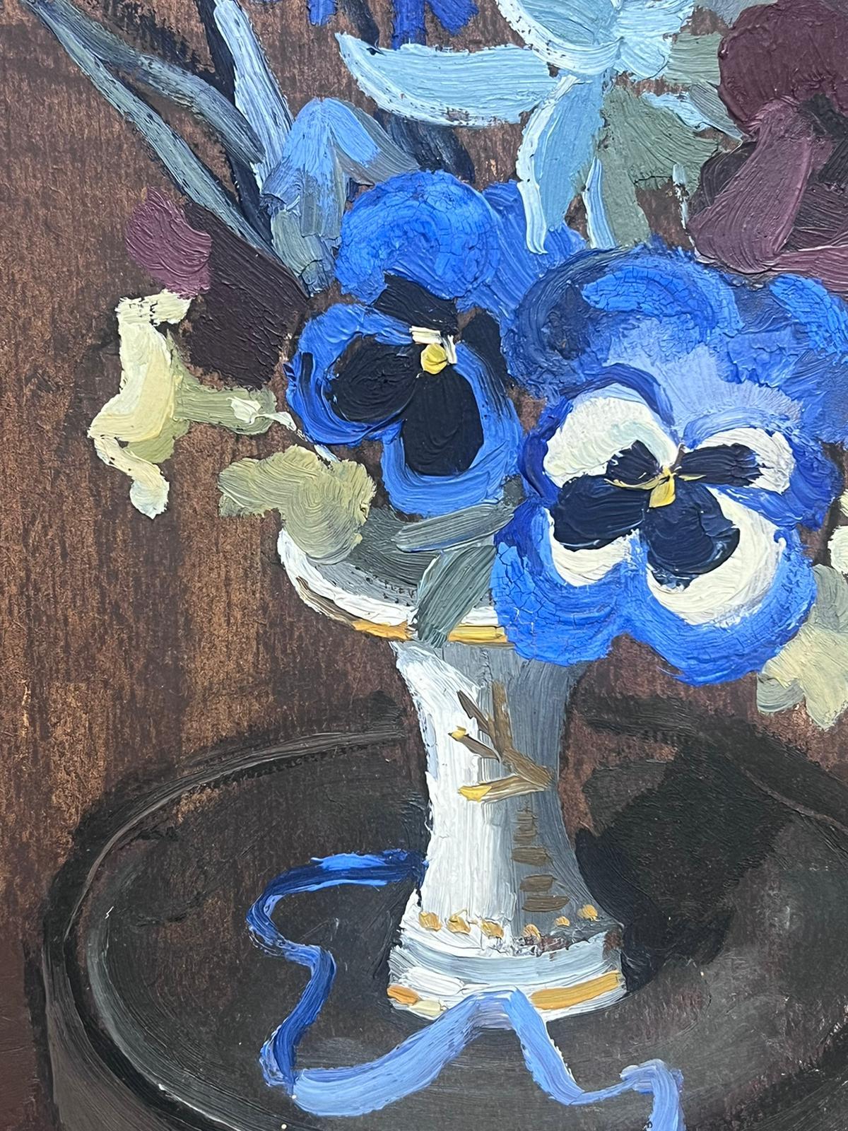 1950's French Impressionist Painting Blue Flowers in Vase For Sale 1