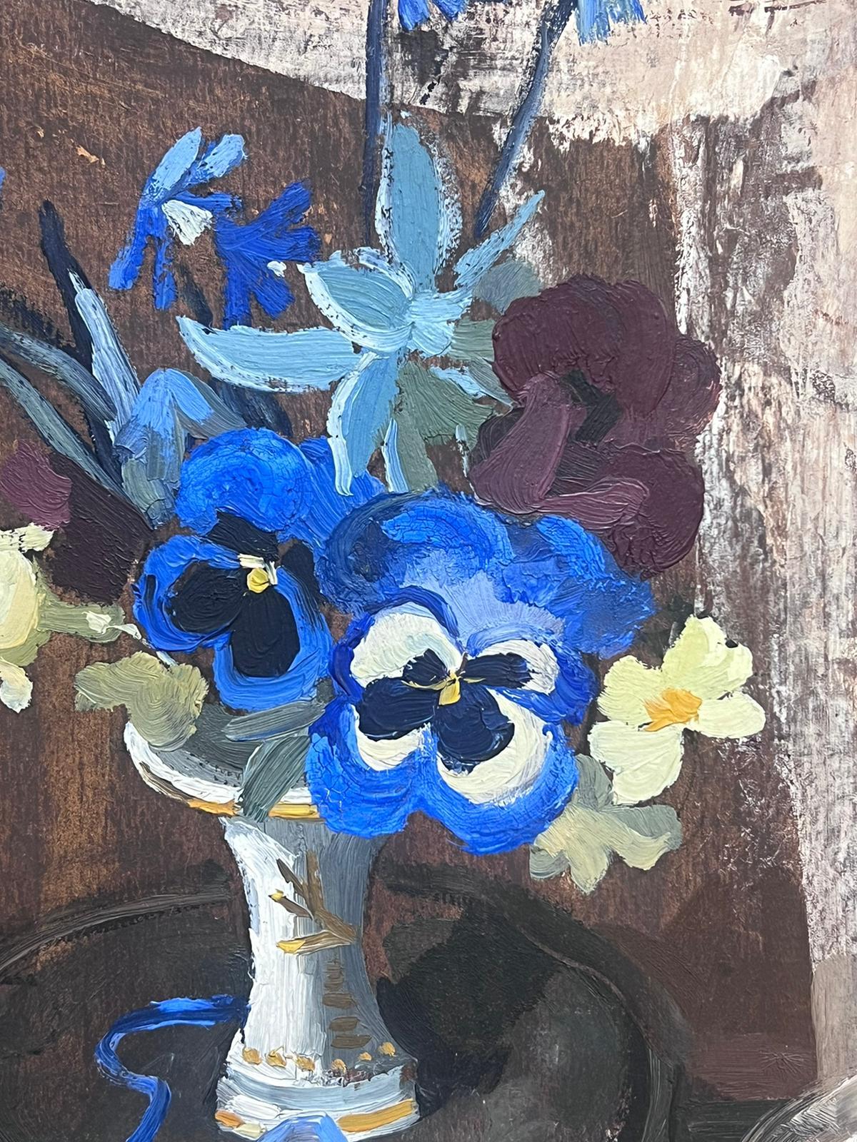 1950's French Impressionist Painting Blue Flowers in Vase For Sale 3