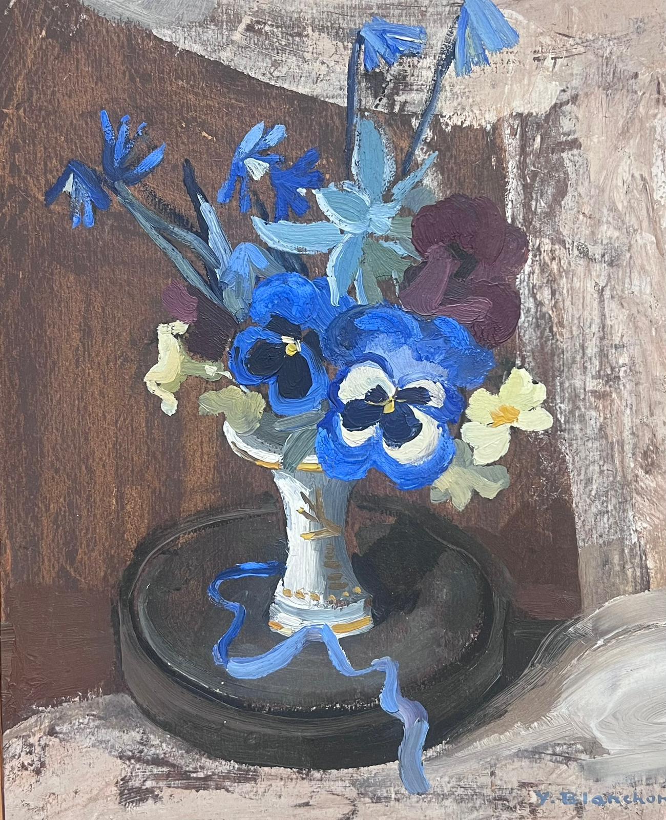 Y Blanchon Interior Painting - 1950's French Impressionist Painting Blue Flowers in Vase
