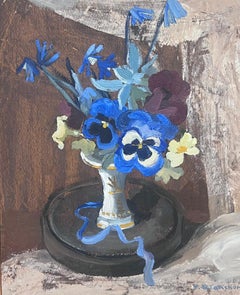 Peinture impressionniste française des années 1950 Fleurs bleues dans un vase