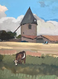 1950's French Impressionist Painting Cows Munching In Hay Field Landscape