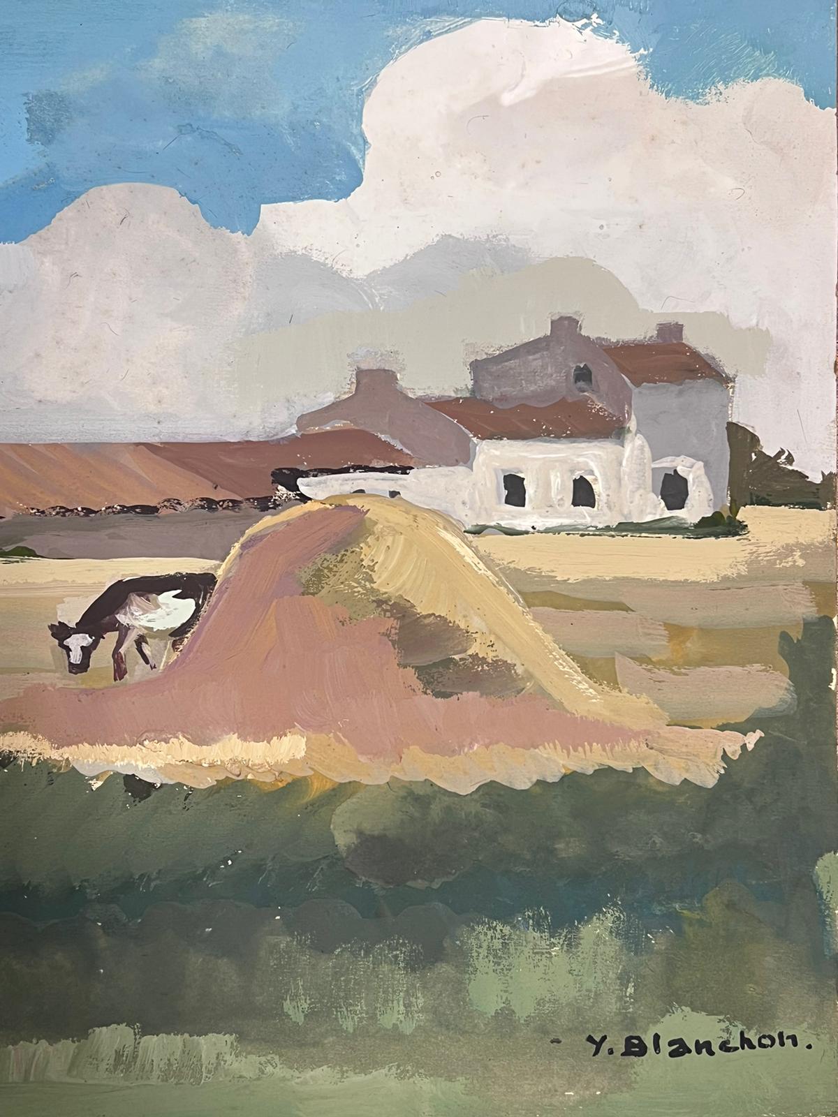1950's Französisch Impressionist Gemälde Kühe mampfen im Heu Feld Landschaft  (Moderne), Painting, von Y Blanchon