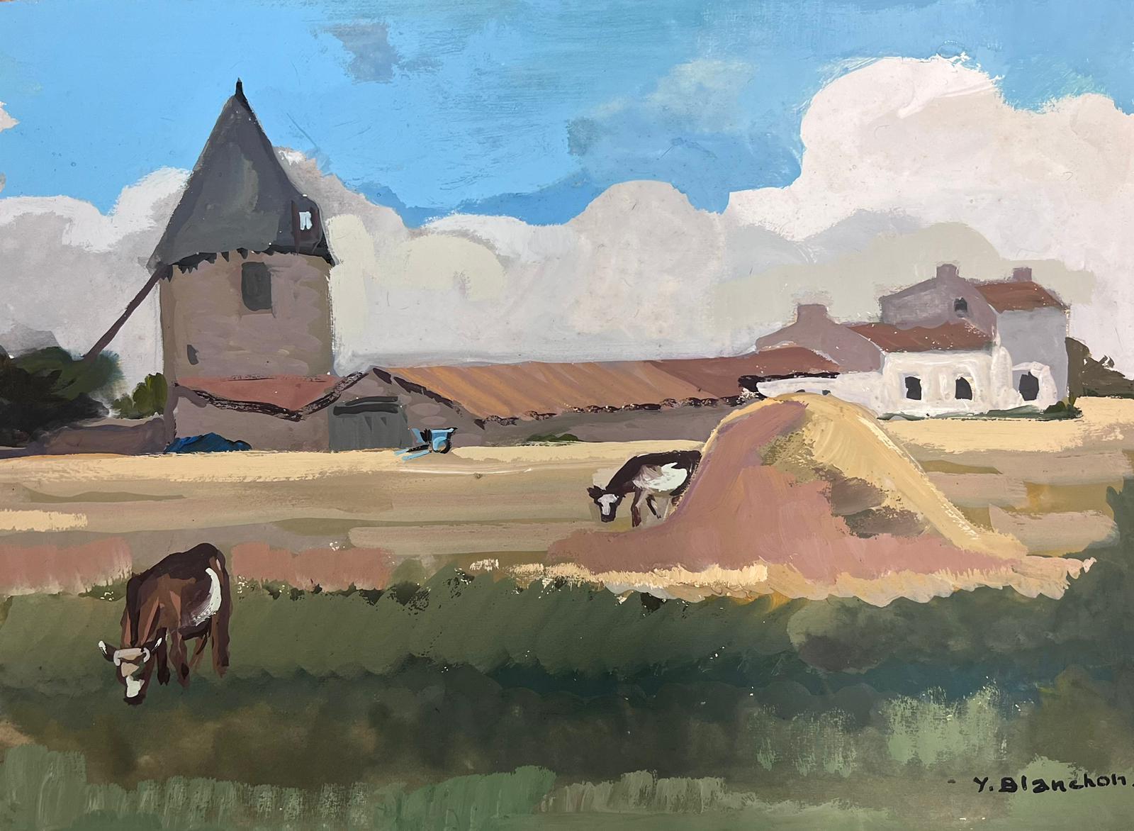 1950's Französisch Impressionist Gemälde Kühe mampfen im Heu Feld Landschaft  (Grau), Animal Painting, von Y Blanchon