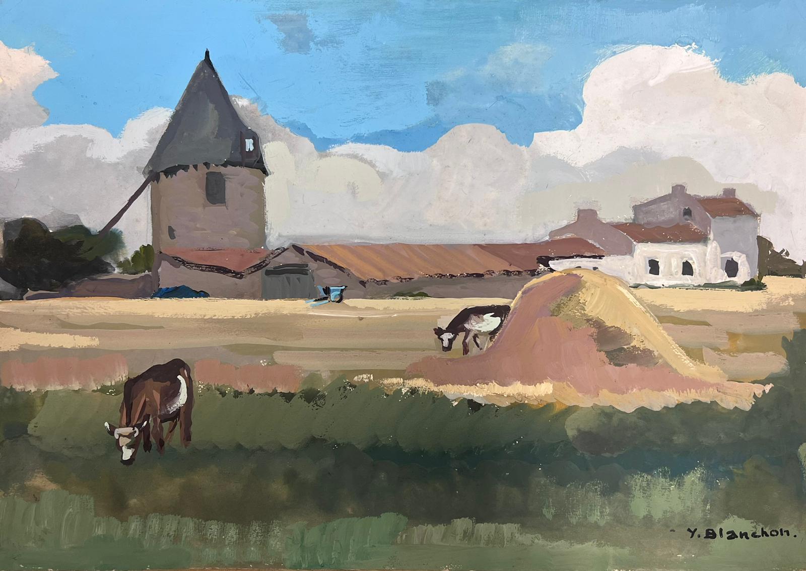 Y Blanchon Animal Painting - 1950's French Impressionist Painting Cows Munching In Hay Field Landscape 