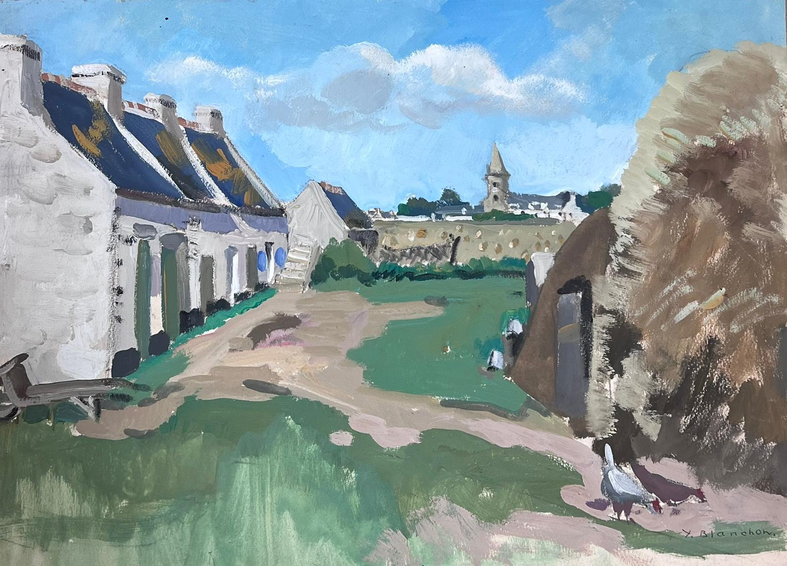 Y Blanchon Animal Painting - 1950's French Impressionist Painting Farm Farm Yard Courtyard Landscape