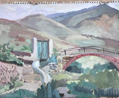 Pintura impresionista francesa de 1950 Puente rojo en paisaje de Green Mountain