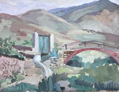 1950's Französisch Impressionist Gemälde Rote Brücke in Green Mountain Landscape 