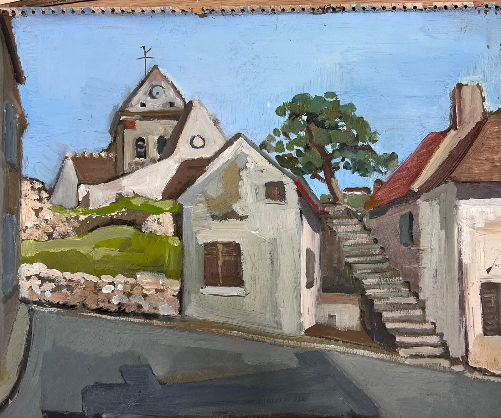 Peinture impressionniste française des années 1950 menant à une église de village - Painting de Y Blanchon