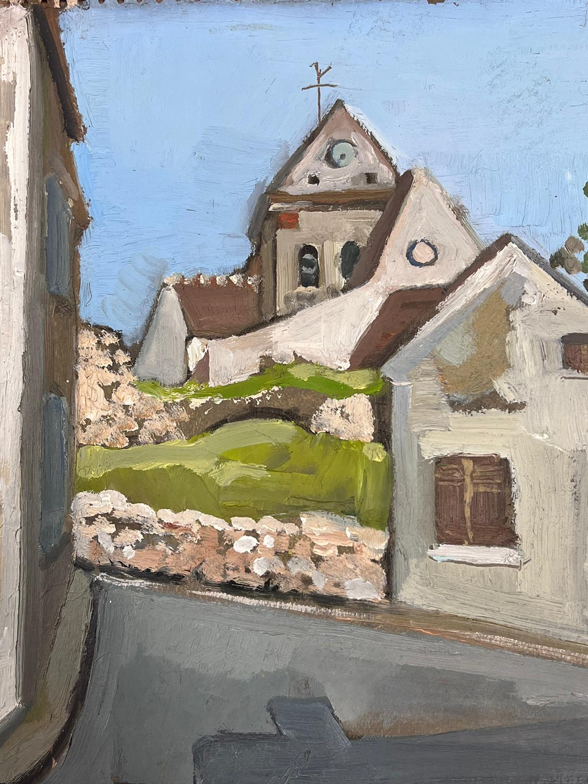 Peinture impressionniste française des années 1950 menant à une église de village - Moderne Painting par Y Blanchon