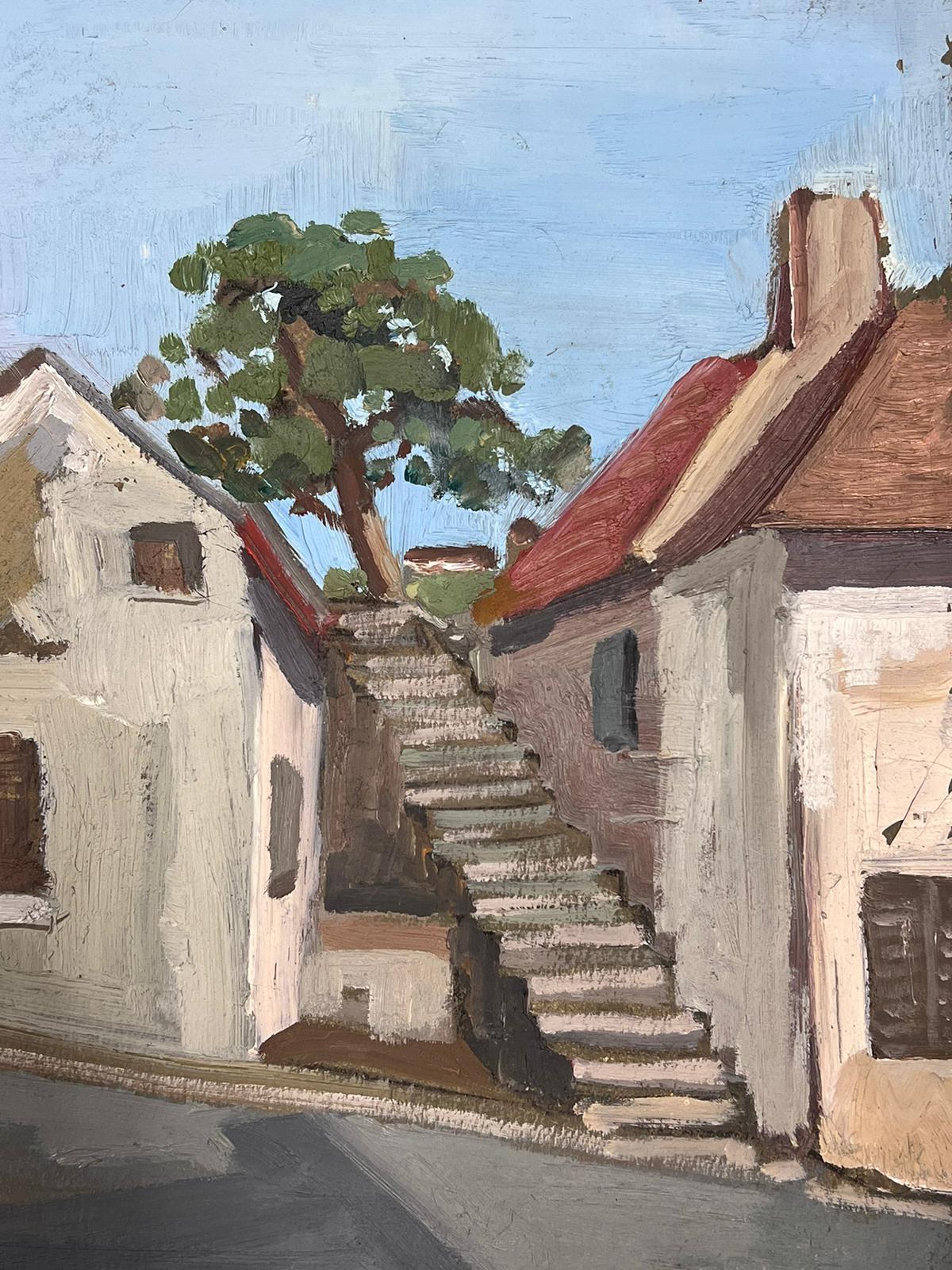 Peinture impressionniste française des années 1950 menant à une église de village - Gris Landscape Painting par Y Blanchon