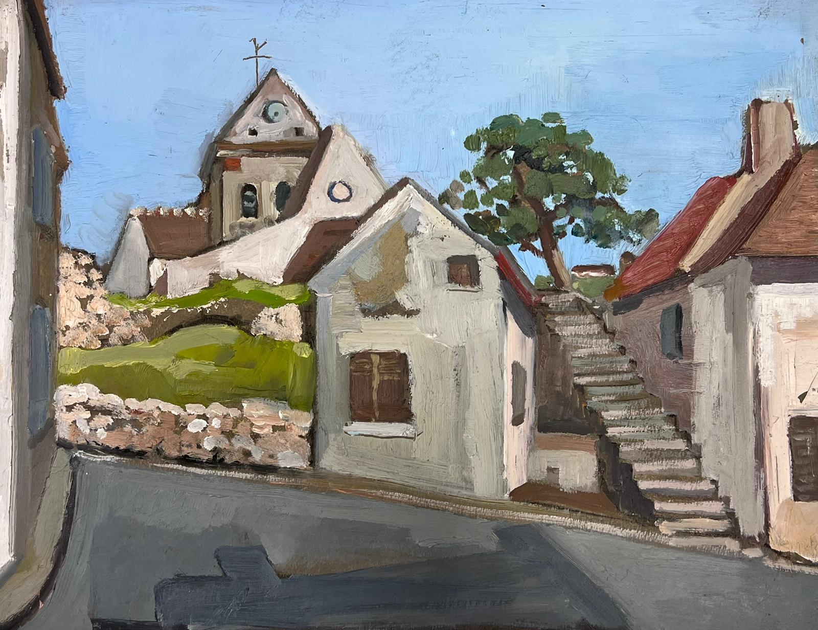 Landscape Painting Y Blanchon - Peinture impressionniste française des années 1950 menant à une église de village