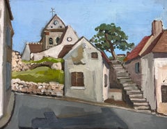 Peinture impressionniste française des années 1950 menant à une église de village