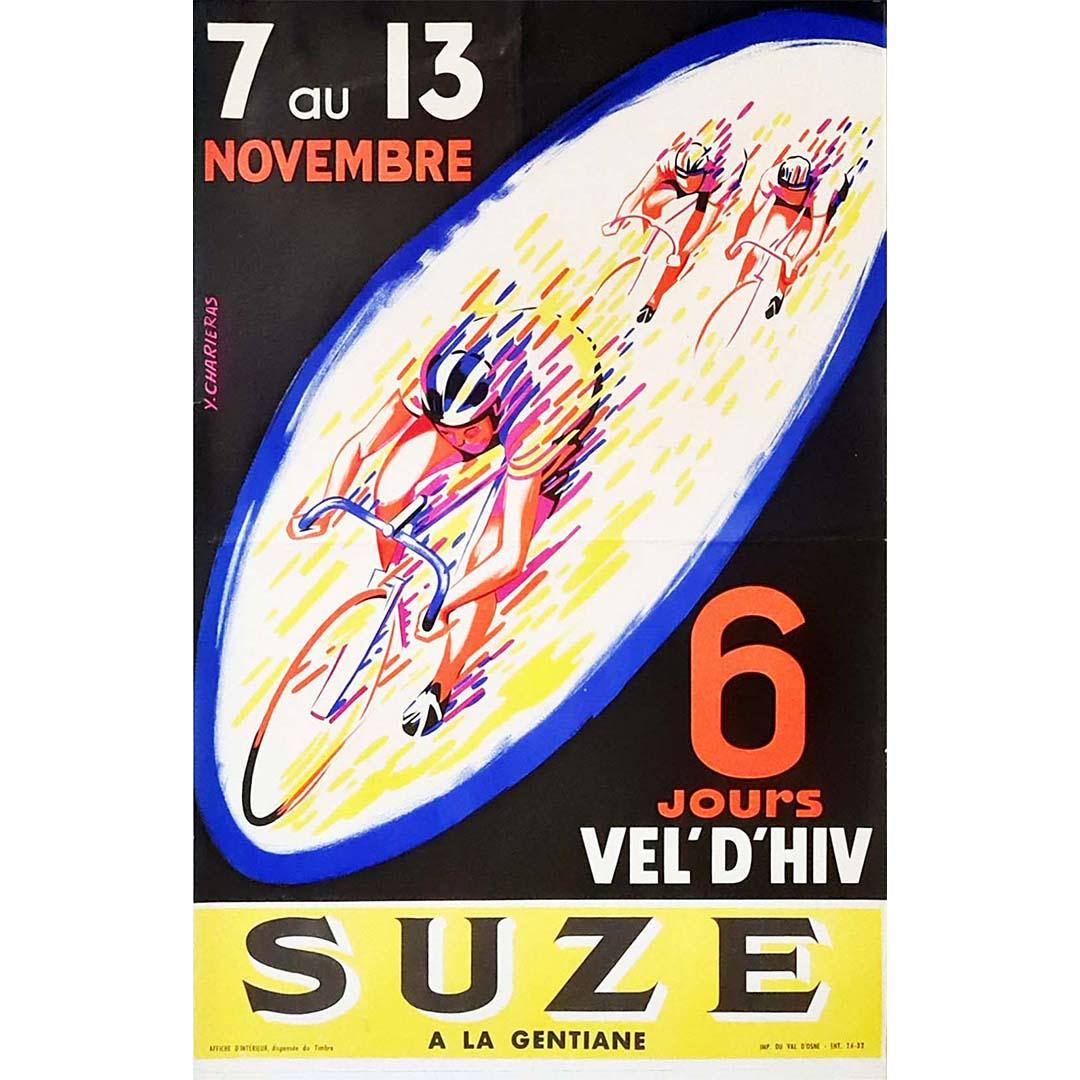 Original poster of cycling for the 6 days race in Paris at the Cel'd'Hiv - Print by Y. Charieras