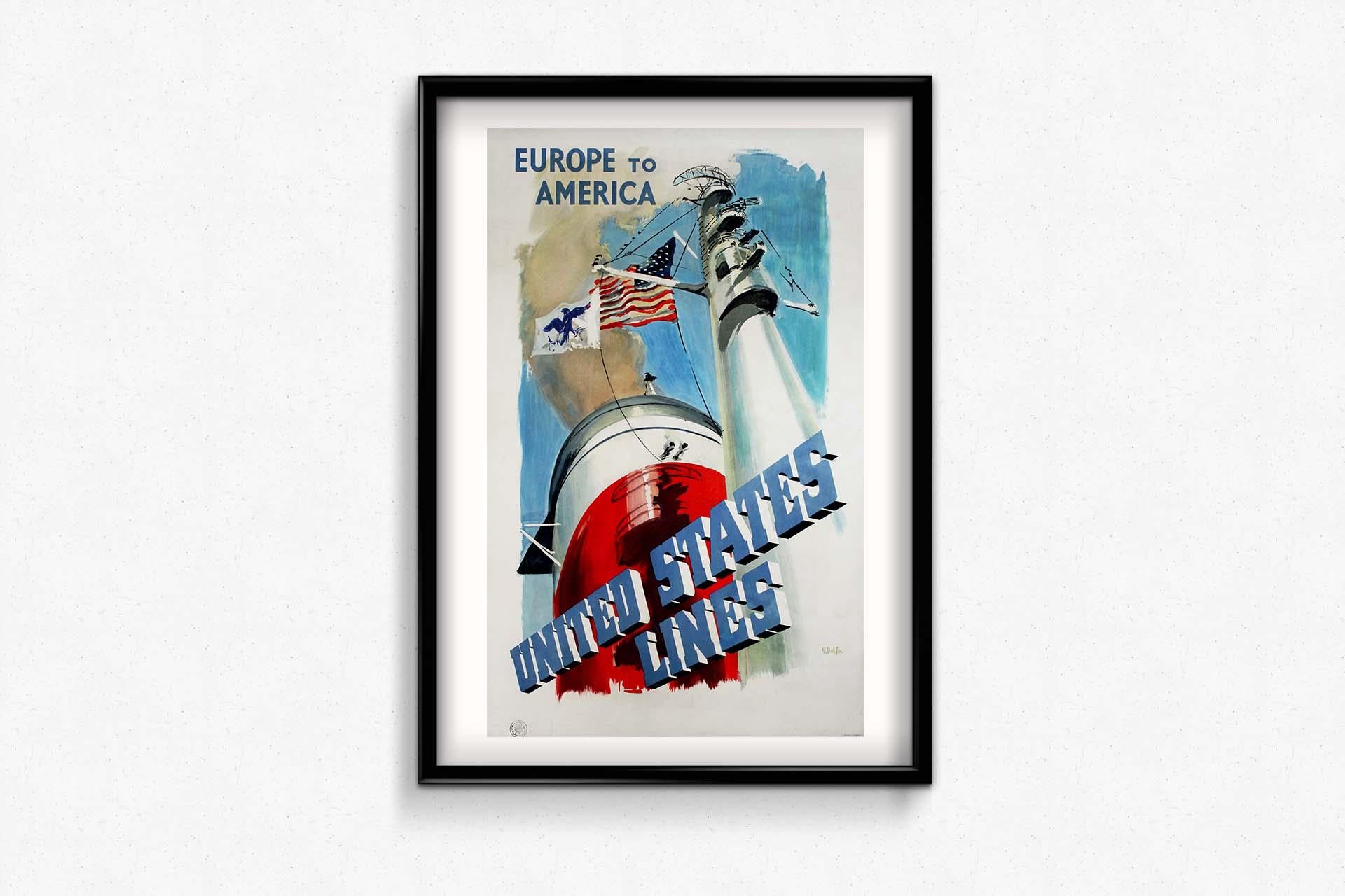 Y. Delfo's 1950 original poster for the United States Lines offers a captivating voyage through time and across the Atlantic. This masterful work of art combines artistic elegance with the promise of adventure, inviting travelers to embark on a