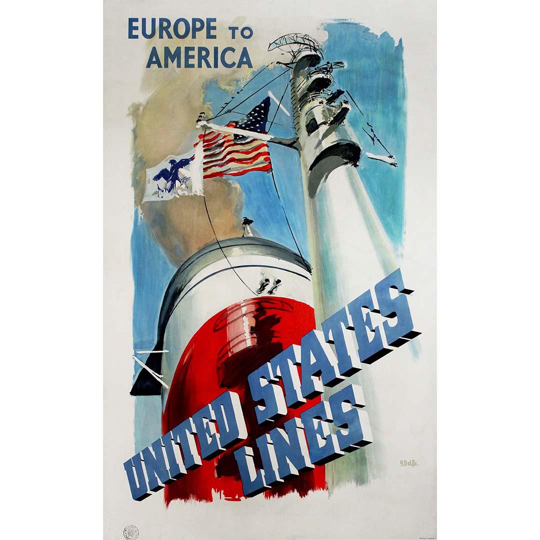 Manifesto di viaggio originale del 1950 per gli Stati Uniti Linee Europa-America - Print di Y. Delfo
