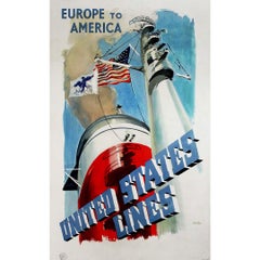 Retro 1950 original travel poster for the United States Lines Europe to America