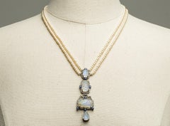 Collier en Y avec perles, pierre de lune arc-en-ciel, disthène et diamants