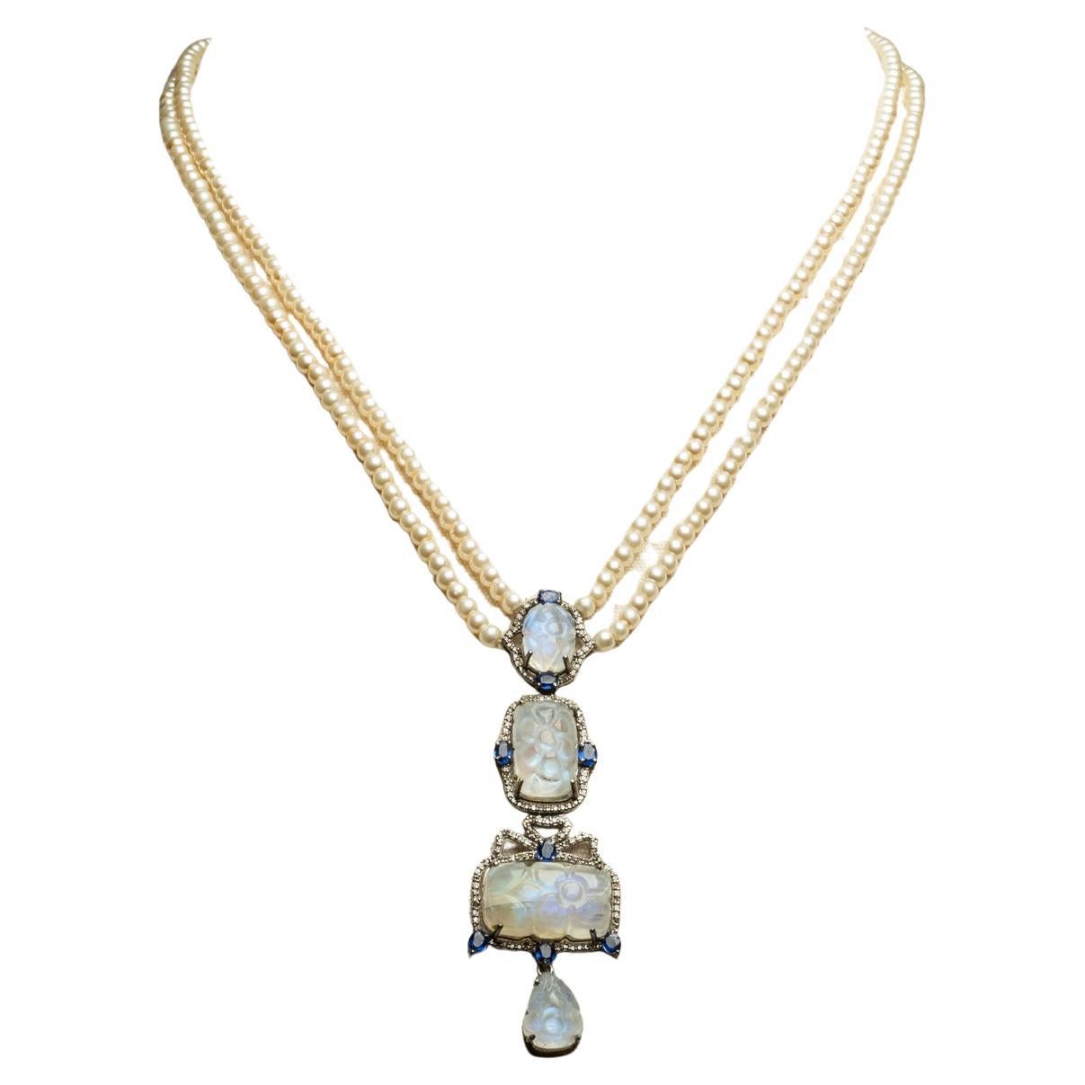 Y Drop Necklace with Pearls, Rainbow Moonstone, Kyanite and Diamonds For Sale