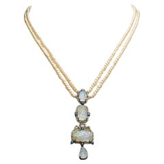 Collar Gota Y con Perlas, Piedra Lunar Arcoiris, Cianita y Diamantes