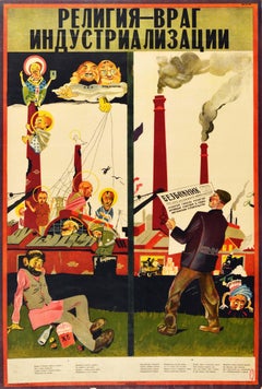 Original Vintage Soviet Poster Religion Is The Enemy Of Industrialisation USSR