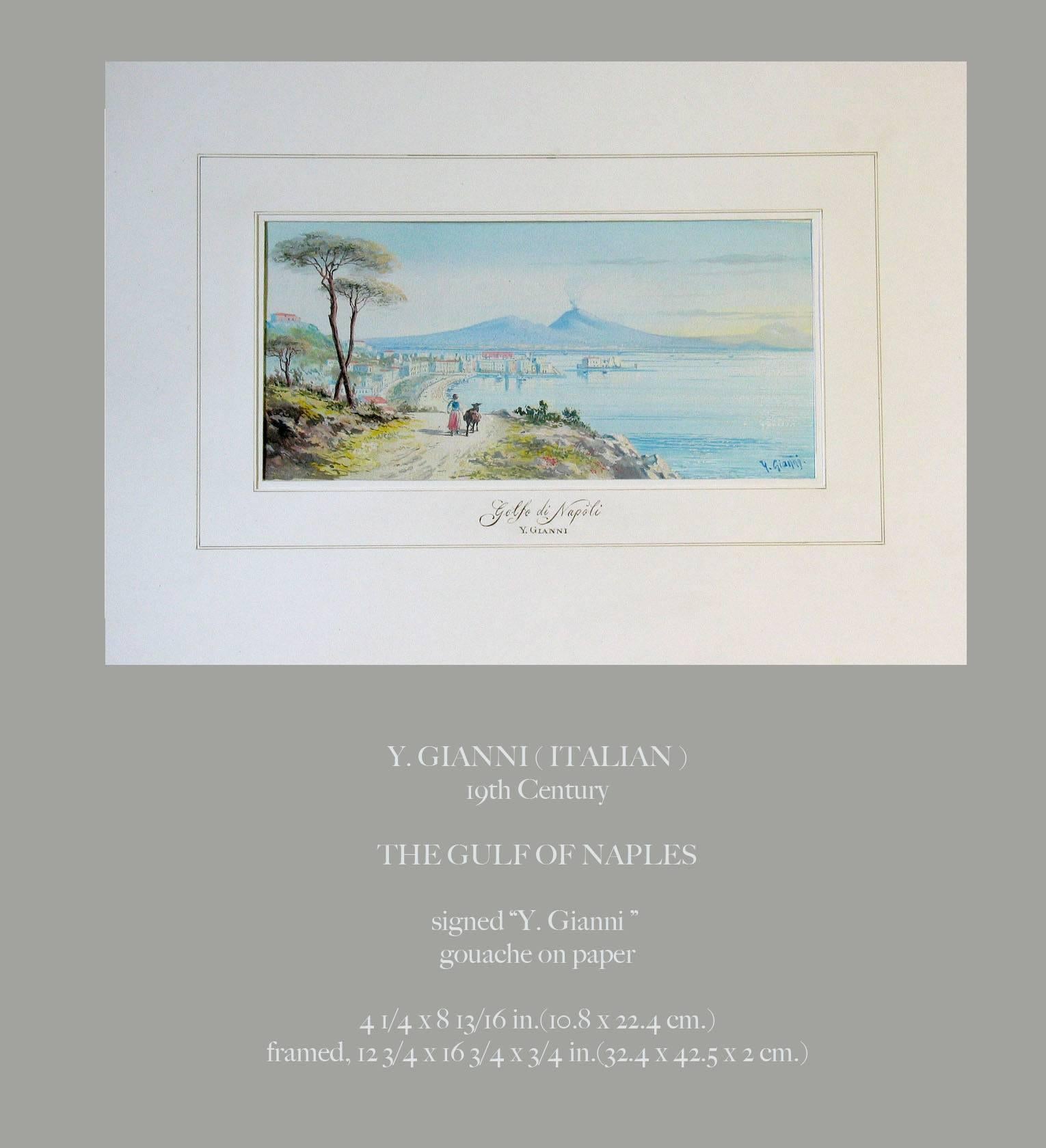 Y. Gianni (italiano) El Golfo de Nápoles, siglo XIX. Un hermoso gouche firmado 