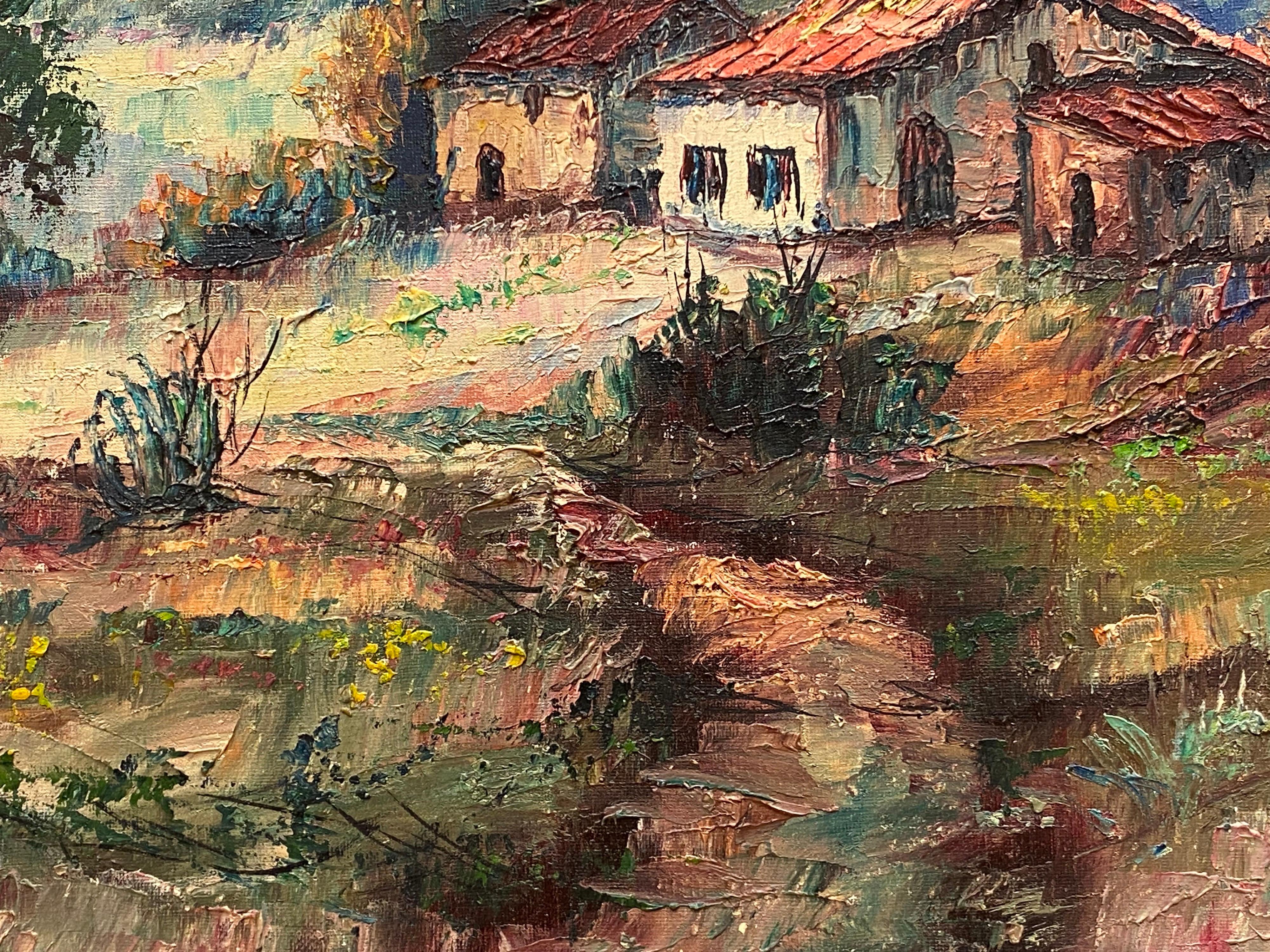 Vintage French/ Spanish Southern Mediterranean Oil Painting House in Landscape - Brown Landscape Painting by Y - Gonez