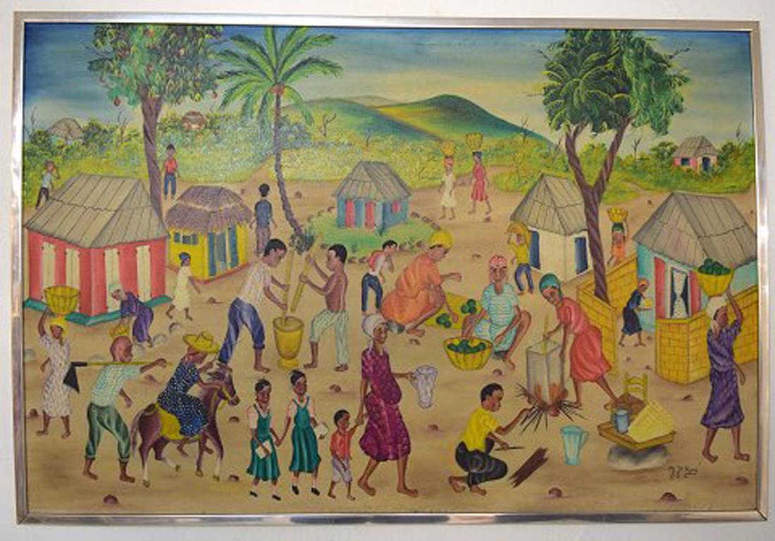 Y. Jn. René, haitianischer Künstler. Naivistische Schule. Öl auf Leinwand, 1970er Jahre.
Dörfliche Szenerie.
Unterschrieben.
In sehr gutem Zustand.
Die Leinwand misst: 91 x 62 cm. Der Rahmen misst: 1.5 cm.