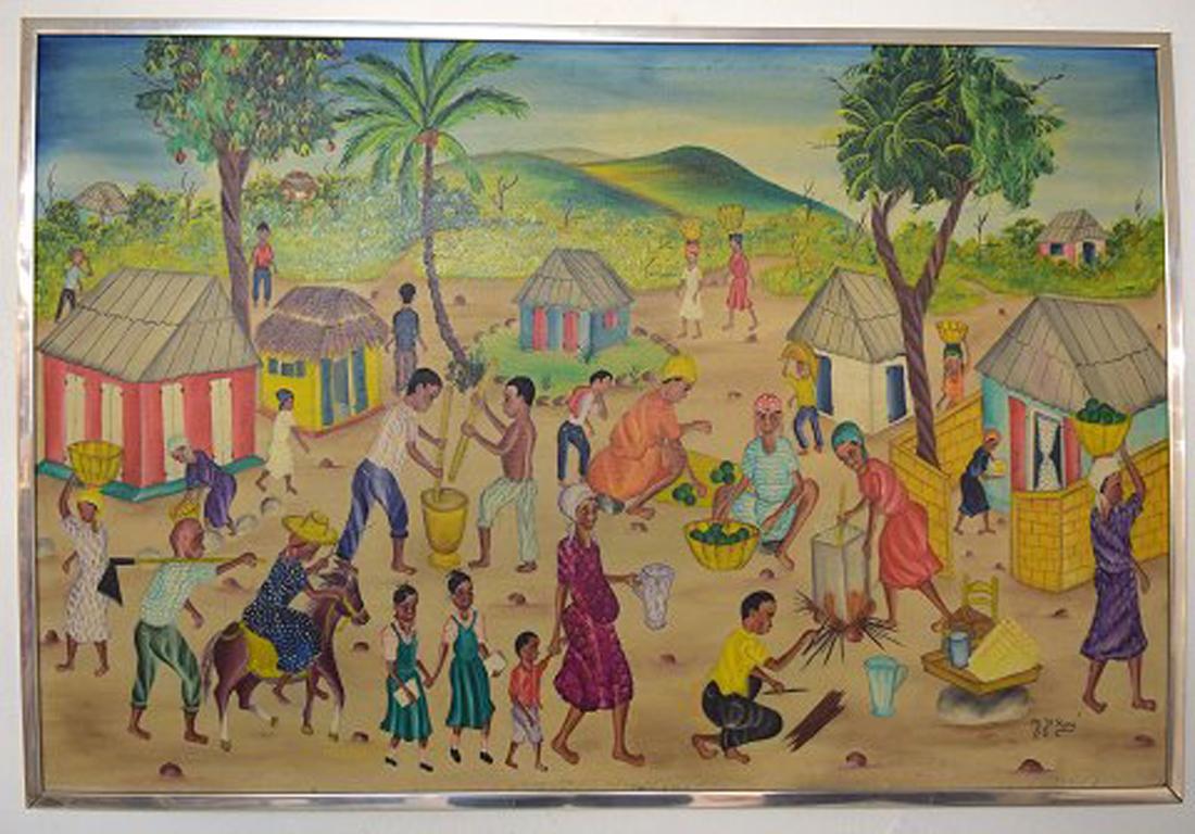 Y. Jn. René, artista haitiano. Escuela Naivista. Óleo sobre lienzo, década de 1970.
Paisaje del pueblo.
Firmado.
En muy buen estado.
El lienzo mide 91 x 62 cm. El marco mide 1.5 cm.