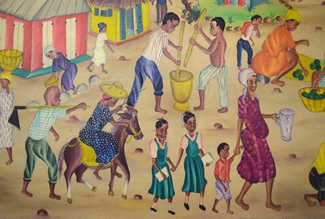Y. Jn. René, artista haitiano, Escuela Naivista, Óleo sobre lienzo, años 70 Haitiano en venta