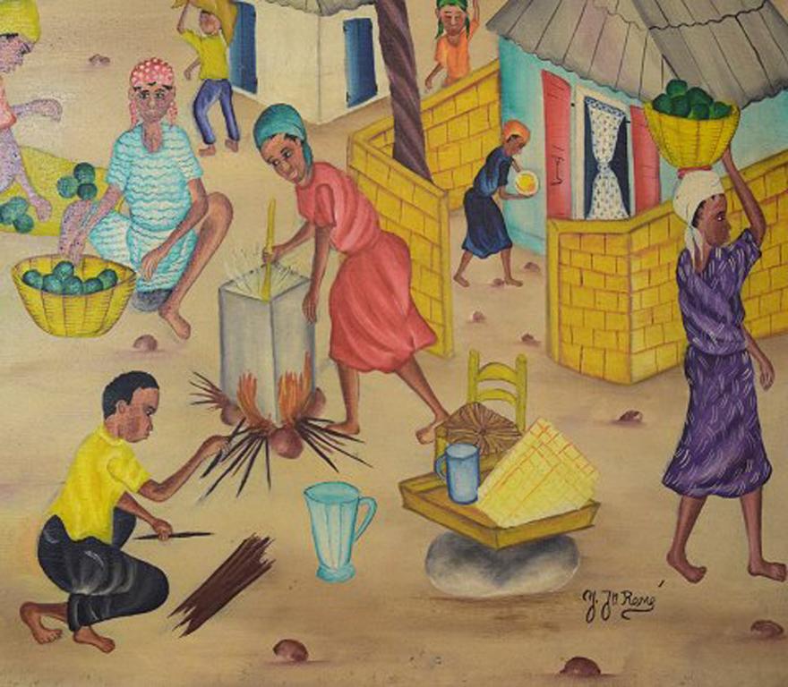 Late 20th Century Y. Jn. René, Haitian Artist, Naivist School, Oil on Canvas, 1970s For Sale