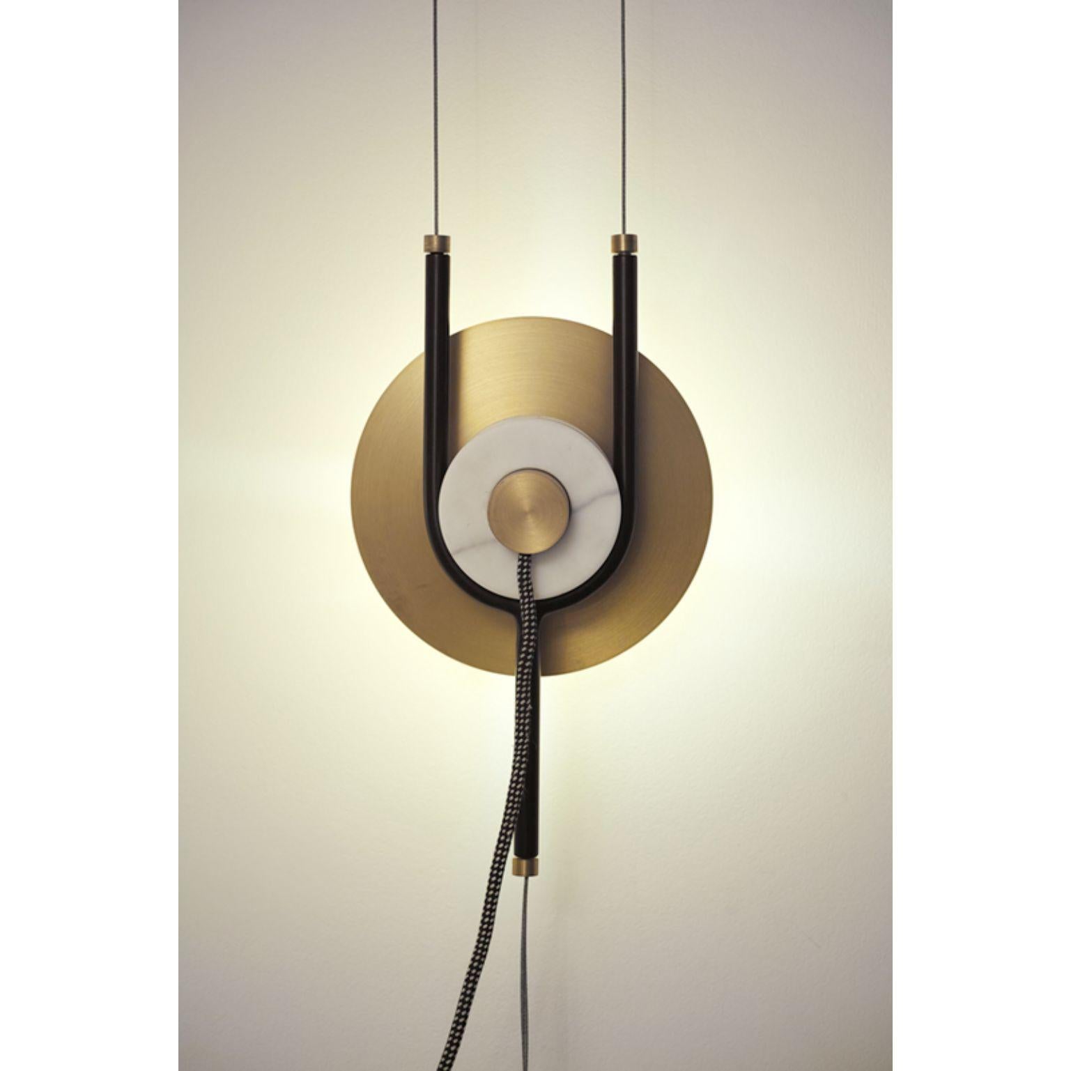 Y lamp - Suspension lamp by Marc Dibeh
2015
Materials: Brass, black painted steel, carrara marble
Dimensions: W20 x H40 x D7 cm 

All our lamps can be wired according to each country. If sold to the USA it will be wired for the USA for