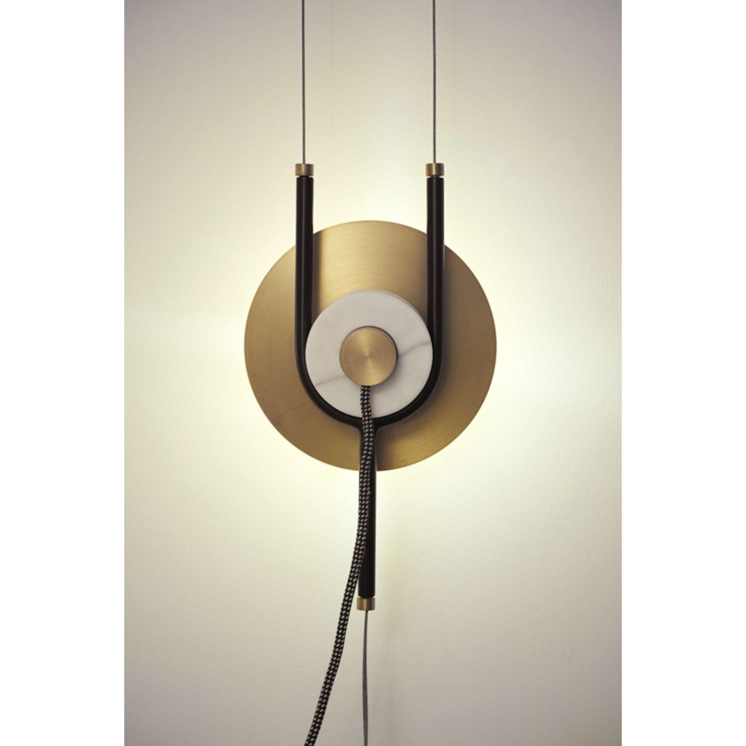 Y lamp - suspension lamp by Marc Dibeh
2015
Materials: Brass, black painted steel, carrara marble
Dimensions: W20 x H40 x D7 cm 

All our lamps can be wired according to each country. If sold to the USA it will be wired for the USA for