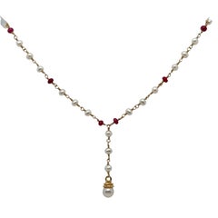 Y Necklace with Pearl and Ruby Beads – 14k Yellow Gold, Hand-Twisted Wire Design