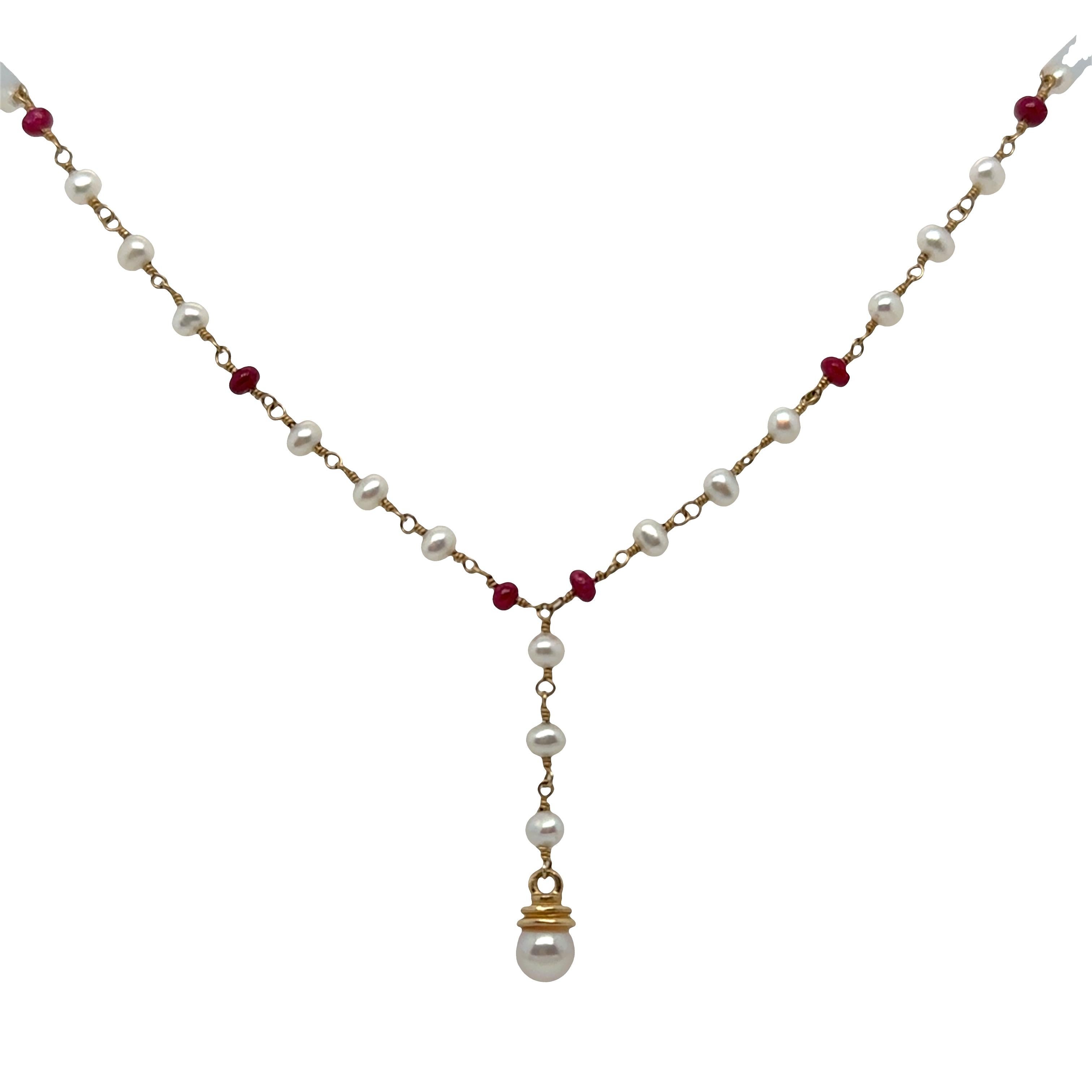 Artisan Y Necklace with Pearl and Ruby Beads – 14k Yellow Gold, Hand-Twisted Wire Design For Sale