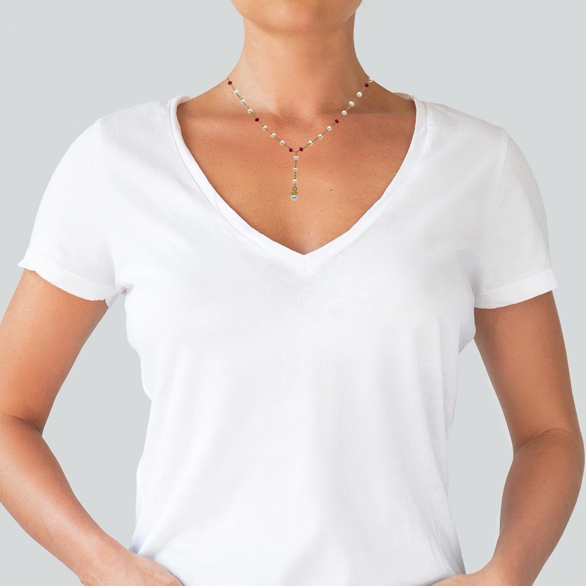 Y Necklace with Pearl and Ruby Beads – 14k Yellow Gold, Hand-Twisted Wire Design In Excellent Condition For Sale In beverly hills, CA