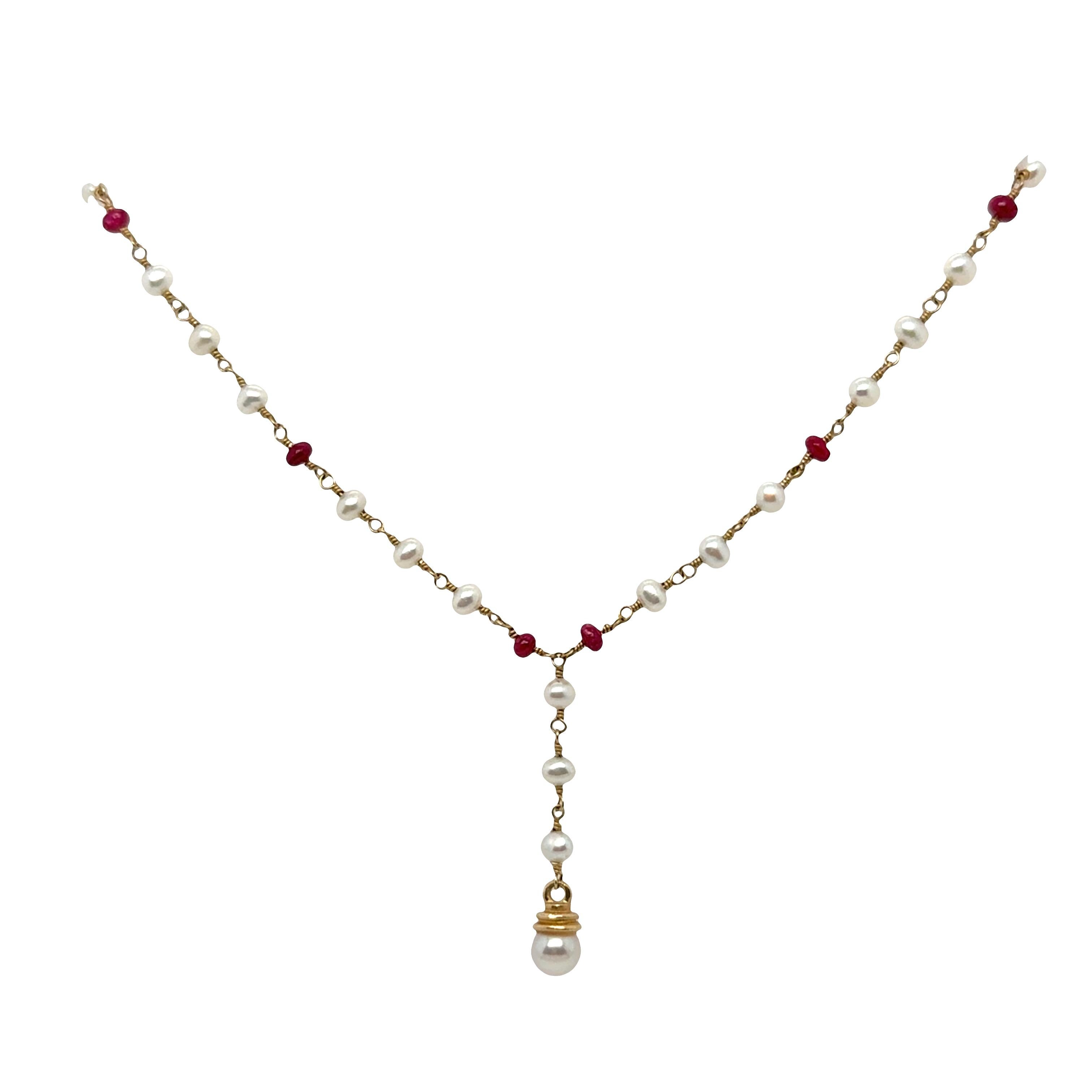 Women's Y Necklace with Pearl and Ruby Beads – 14k Yellow Gold, Hand-Twisted Wire Design For Sale