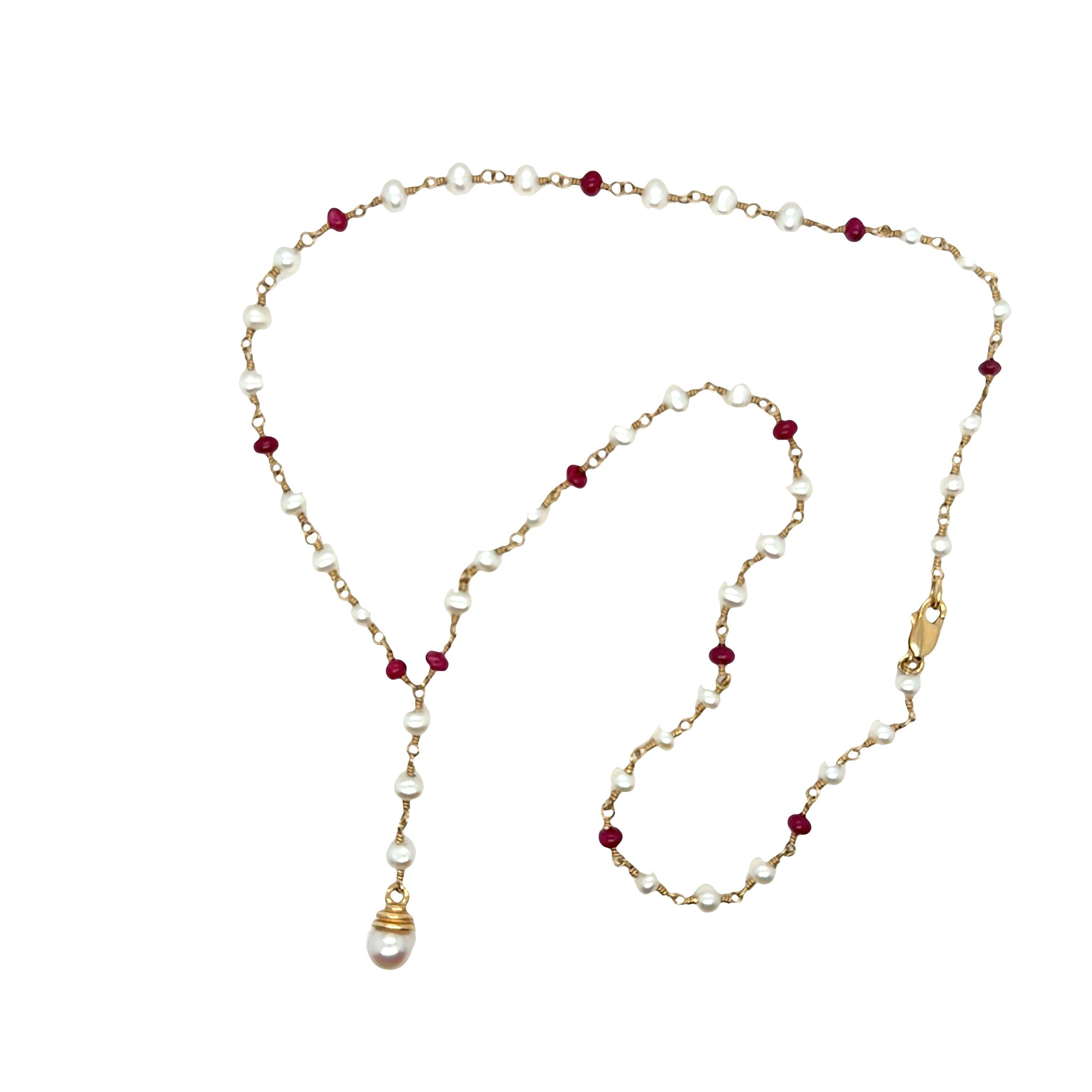 Y Necklace with Pearl and Ruby Beads – 14k Yellow Gold, Hand-Twisted Wire Design For Sale 1